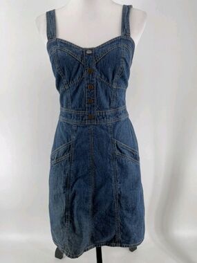 VTG Japna Blue Denim Button-Front Pinafore Mini Dress, Size S